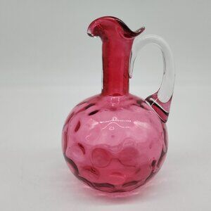 VTG Fenton Coin Dot Optic Pink Cranberry Glass Pitcher Creamer Clear Handle 5.5"